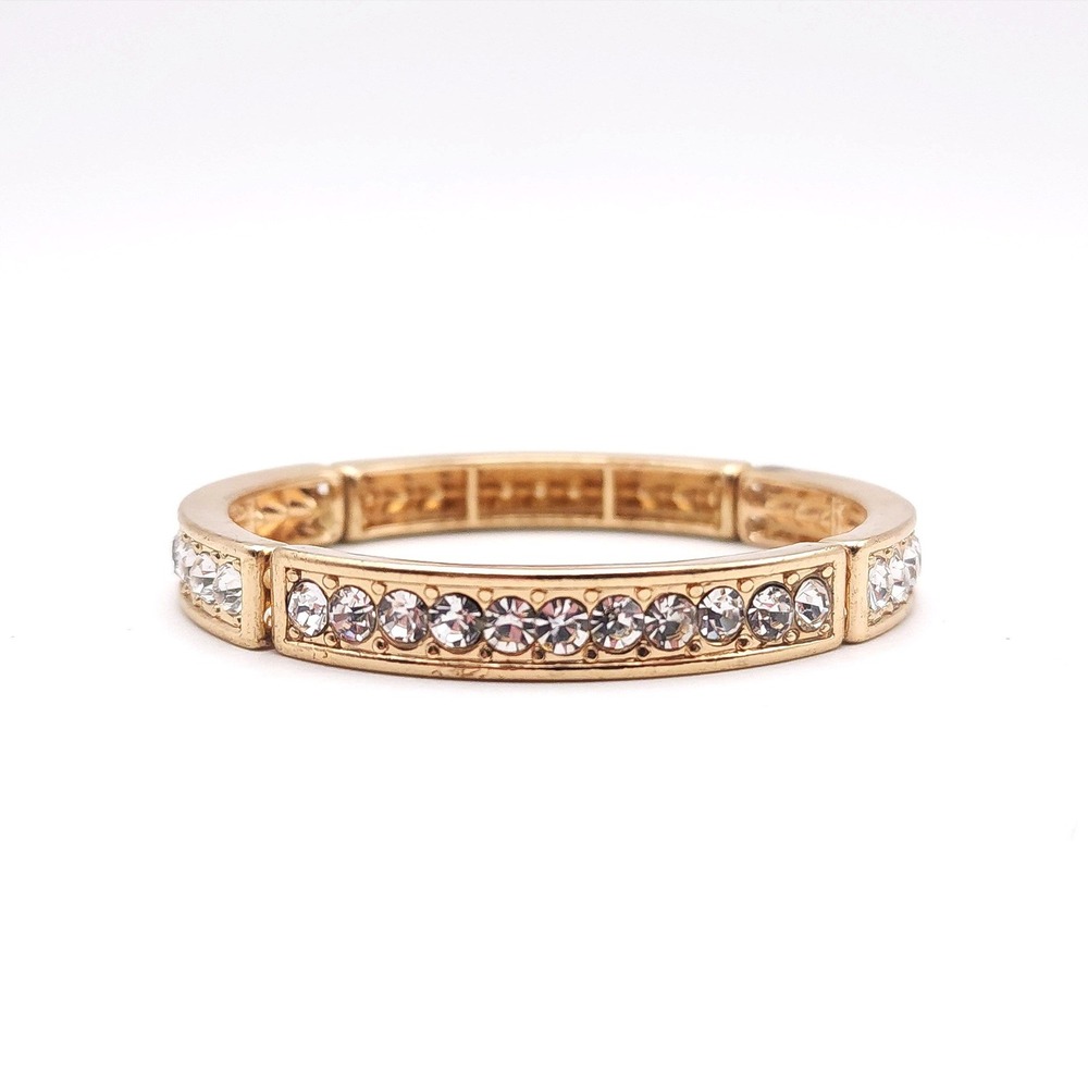 Gold Tone Clear Rhinestone Round Stretch Bracelet 7 Inch